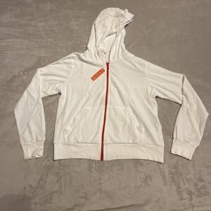 Anthropologie SUNDRY Velour Hoodie Zip Jacket Women's Size 4 XL White Red Zipper